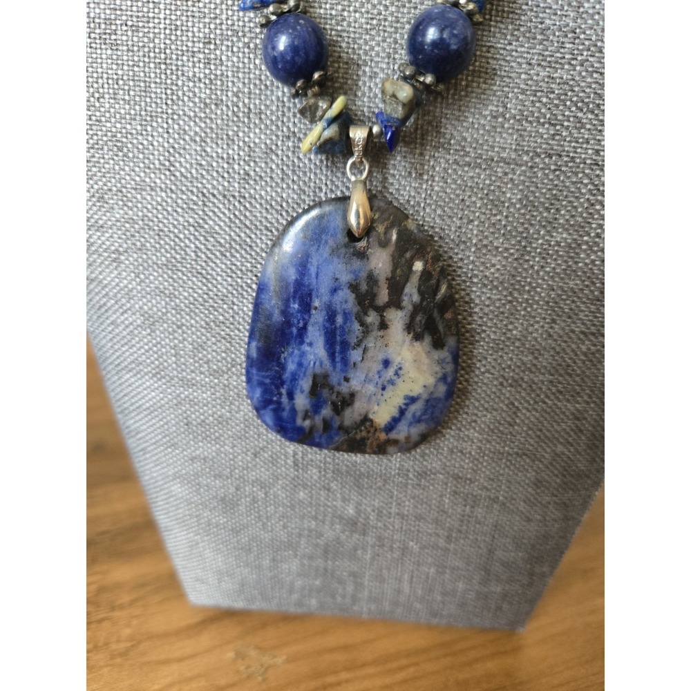 Vintage Sodalite Pendant Beaded Necklace Lapis Lazuli 18K GF Clamp Deep Blue - Picture 2 of 11